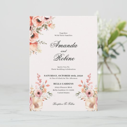 Blush Bloemen Elegante Huwelijksuitnodiging Kaart (Staand voorkant)