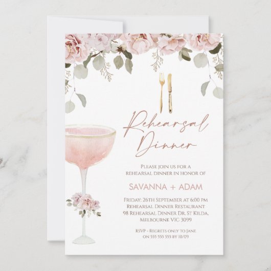 Blush Bloemen en Glas repetitie diner uitnodiging (Voorkant)