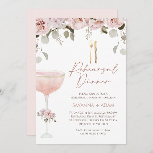 Blush Bloemen en Glas repetitie diner uitnodiging (Voorkant / Achterkant)