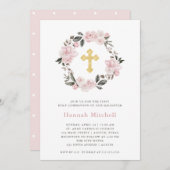 Blush bloemen en gouden kruis | Eerste Heilige Com Kaart (Voorkant / Achterkant)