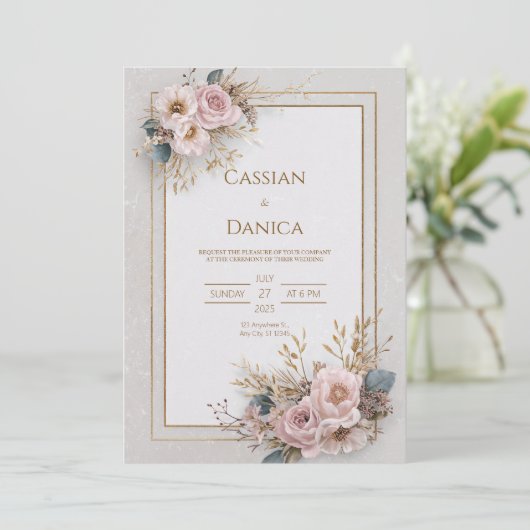 Blush bloemen en gouden Lijst bruiloft Kaart (Staand voorkant)