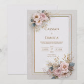 Blush bloemen en gouden Lijst bruiloft Kaart (Voorkant / Achterkant)