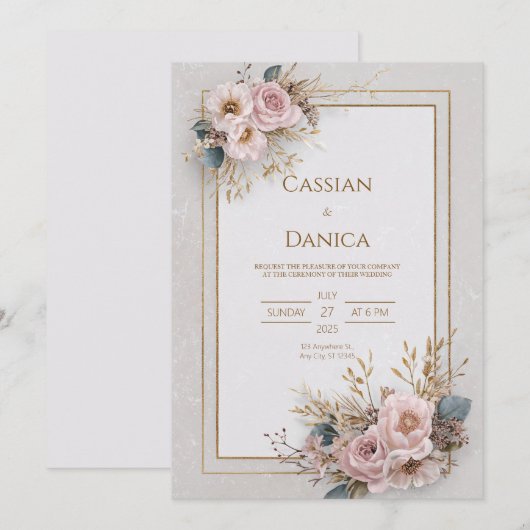 Blush bloemen en gouden Lijst bruiloft Kaart (Voorkant / Achterkant)