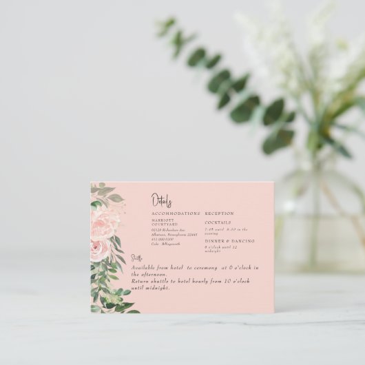 Blush Bloemen & Foliage Bruiloft Details II Informatiekaartje (Staand voorkant)