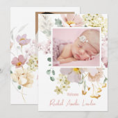 Blush Bloemen Foto Geboorte Aankondiging Kaart (Voorkant / Achterkant)