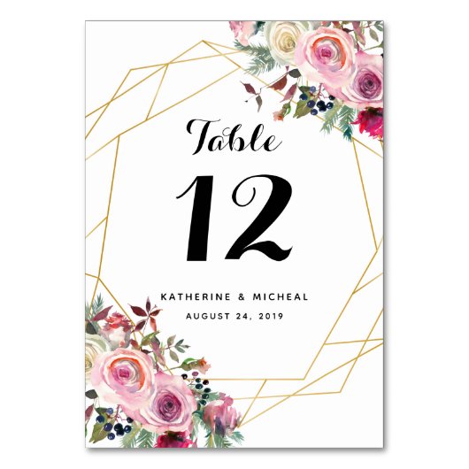 Blush Bloemen Geometrische Trouwtafel Nummers Kaart (Voorkant)