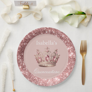 Blush Bloemen Glitter Tiara Kroon Quinceañera Papieren Bordje