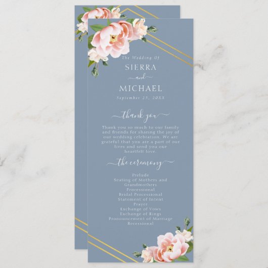 Blush Bloemen Goud Geometrisch Stoffig Blauw Bruil Programmakaart (Voorkant / Achterkant)