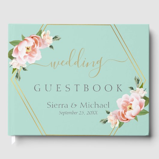 Blush Bloemen Goud Geometrische Mint Groene Bruilo Gastenboek (Voorkant)