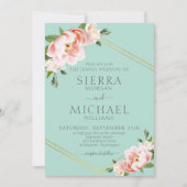 Blush Bloemen Goud Geometrische Mint Groene Bruilo Kaart (Voorkant)