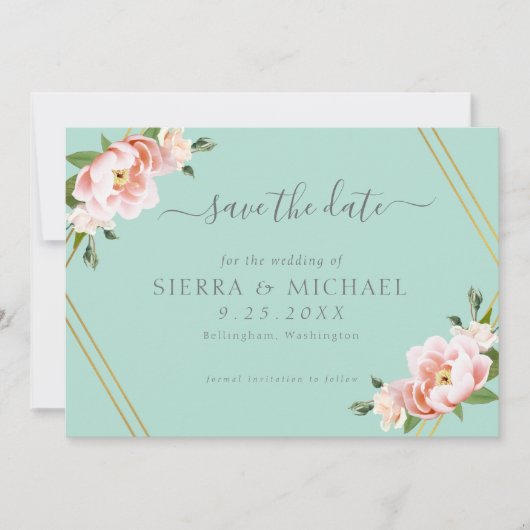 Blush Bloemen Goud Geometrische Mint Groene Bruilo Save The Date (Voorkant)