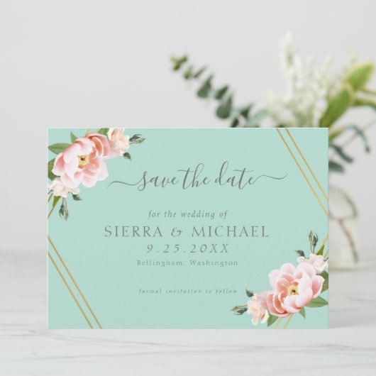 Blush Bloemen Goud Geometrische Mint Groene Bruilo Save The Date (Staand voorkant)