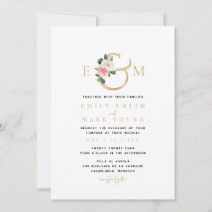 Blush Bloemen & Goud, Monogram bruiloft uitnodigin Kaart