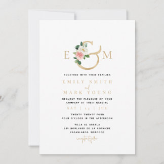 Blush Bloemen & Goud, Monogram bruiloft uitnodigin Kaart