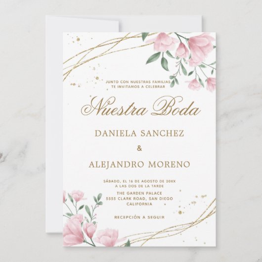 Blush Bloemen Goud Nuestra Boda Spaans Bruiloft Kaart (Voorkant)