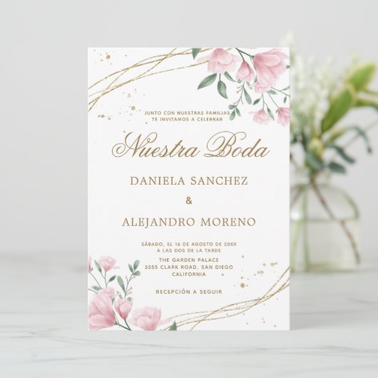 Blush Bloemen Goud Nuestra Boda Spaans Bruiloft Kaart (Staand voorkant)