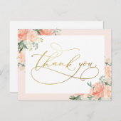 Blush Bloemen & Goud Script Dank u Briefkaart (Voorkant / Achterkant)