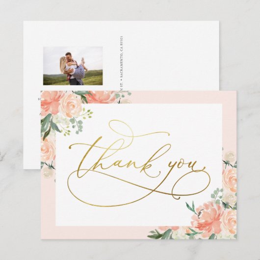 Blush Bloemen & Goud Script Dank u Briefkaart (Voorkant / Achterkant)