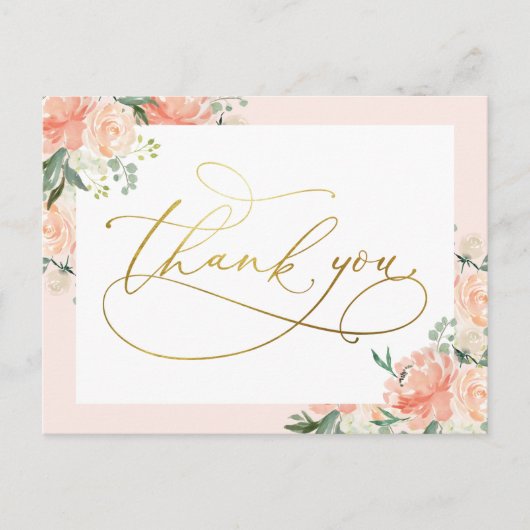 Blush Bloemen & Goud Script Dank u Briefkaart (Voorkant)
