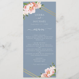 Blush Bloemen Goud Stoffig Blauw Bruiloft Receptie Menu