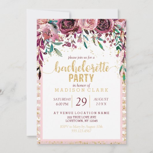 Blush Bloemen Gouden Bachelorette Party Uitnodigin Kaart (Voorkant)