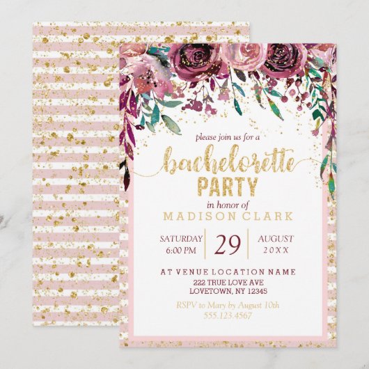 Blush Bloemen Gouden Bachelorette Party Uitnodigin Kaart (Voorkant / Achterkant)