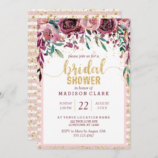 Blush Bloemen & Gouden Bruids Douche Uitnodiging (Voorkant / Achterkant)