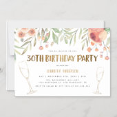 Blush Bloemen & Gouden Champagne 30e Verjaardag Magnetische Uitnodiging (Voorkant)