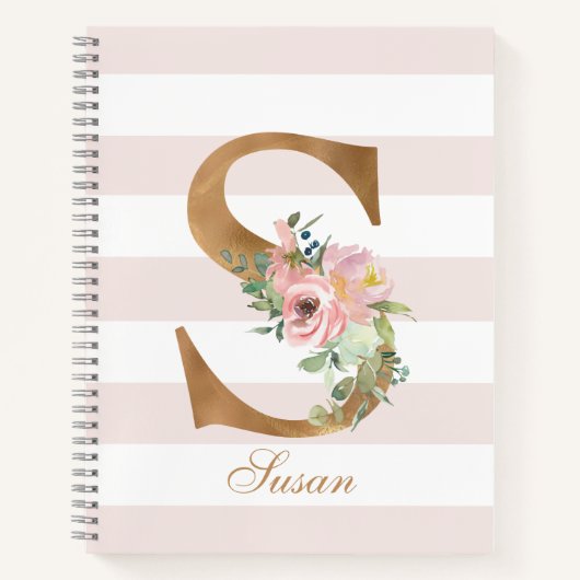 Blush Bloemen Gouden Folie Letter S Monogram Notitieboek (Voorkant)