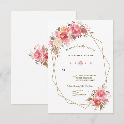 Blush Bloemen Gouden Glitter Lijst Wedding RSVP (Voorkant / Achterkant)