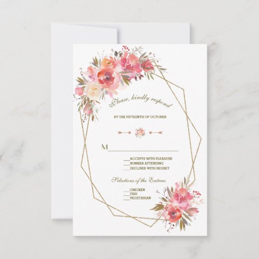 Blush Bloemen Gouden Glitter Lijst Wedding RSVP Kaartje (Voorkant)