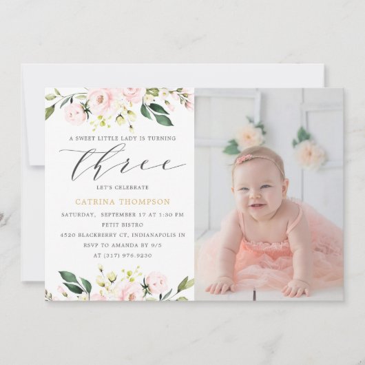Blush Bloemen Greenery Girl 3e verjaardag foto Kaart (Voorkant)