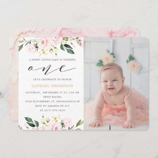 Blush Bloemen Greenery Meisje 1e Verjaardag Foto Kaart (Voorkant / Achterkant)