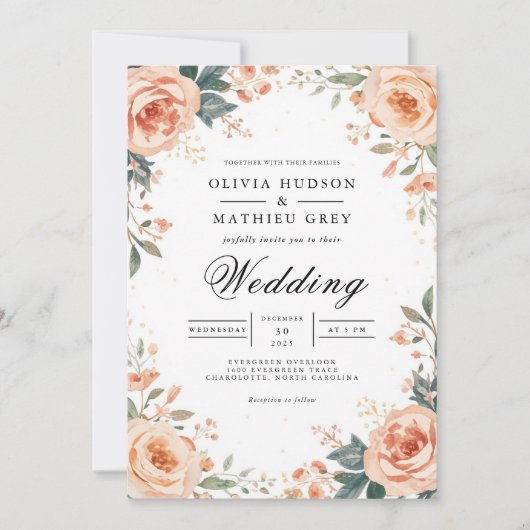 Blush Bloemen Grens Romance bruiloft Kaart (Voorkant)