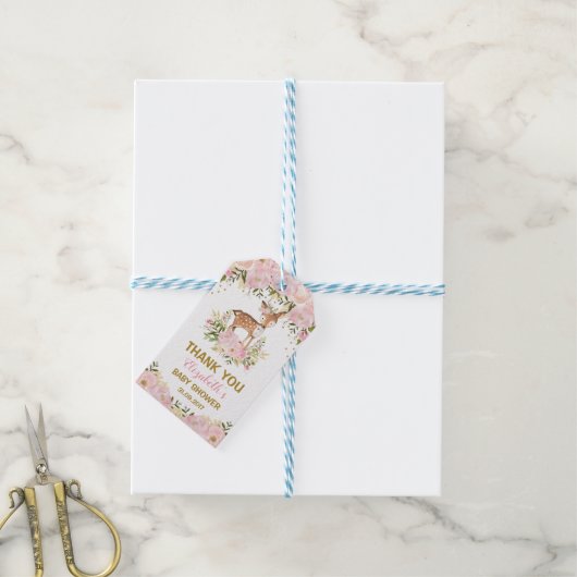 Blush Bloemen Herten Baby shower Bos Doe Verjaarda Cadeaulabel (Met Touw)