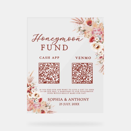 Blush Bloemen Honeymoon Fund QR Code Wedding Acryl Bord (Voorkant)
