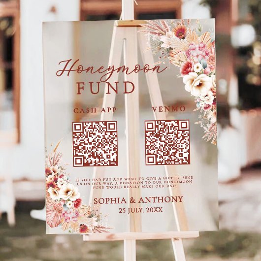Blush Bloemen Honeymoon Fund QR Code Wedding Acryl Bord