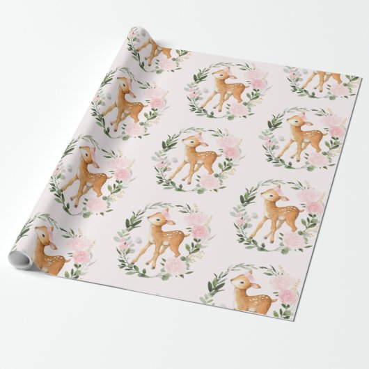  Blush Bloemen Hout Herten Baby Fawn Cadeaupapier (Uitgerold)