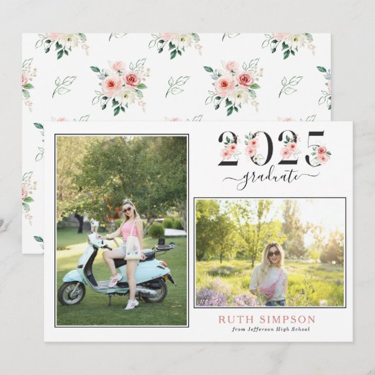 Blush Bloemen Jaar 2 Foto Afstuderen Aankondiging (Voorkant / Achterkant)