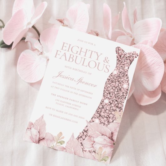 Blush Bloemen & Jurk Glitter 80ste Verjaardagsfees Kaart