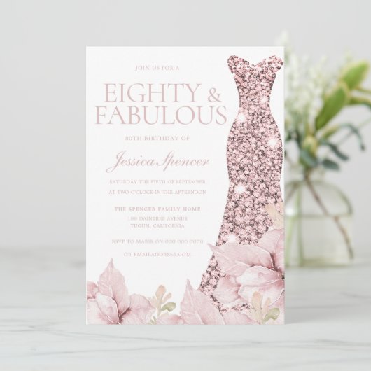 Blush Bloemen & Jurk Glitter 80ste Verjaardagsfees Kaart (Staand voorkant)