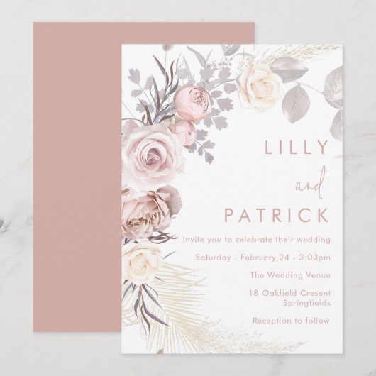 Blush Bloemen krans Modern Boho bruiloft Kaart (Voorkant / Achterkant)