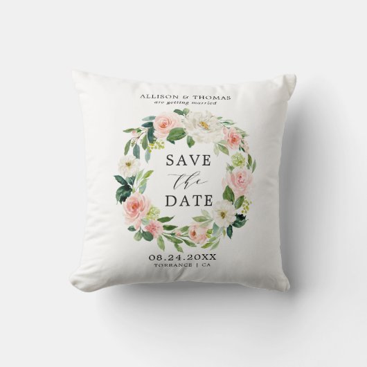 Blush Bloemen krans Save the Date Bruiloft Kussen (Voorkant)