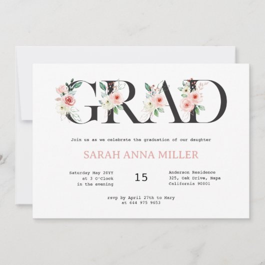 Blush Bloemen Letters Afstuderen Invitation Kaart (Voorkant)