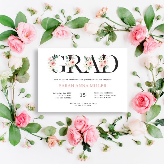 Blush Bloemen Letters Afstuderen Invitation Kaart