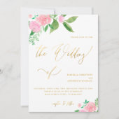 Blush Bloemen met Faux Gold Kalligrafie Bruiloft Kaart (Voorkant)