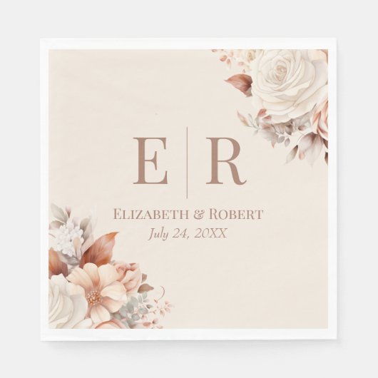 Blush Bloemen Mocha Mousse Monogram Huwelijk Servet (Voorkant)