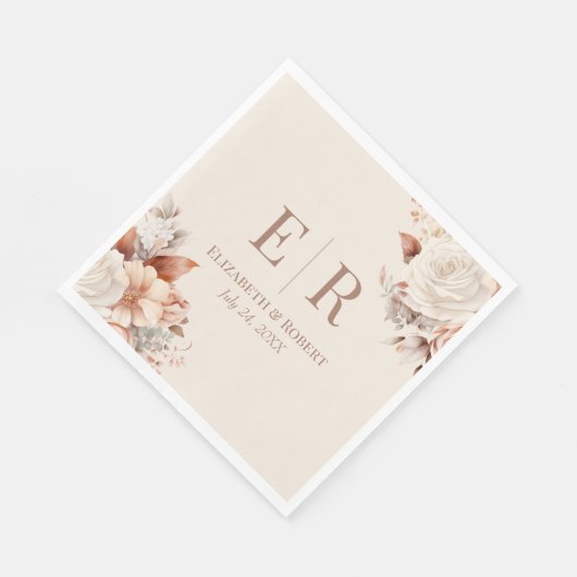 Blush Bloemen Mocha Mousse Monogram Huwelijk Servet (Hoek)
