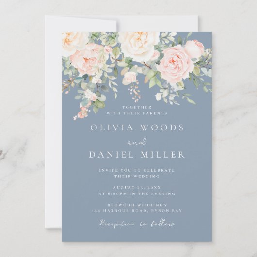Blush Bloemen Moderne Elegantie Dusty Blue Wedding Kaart (Voorkant)