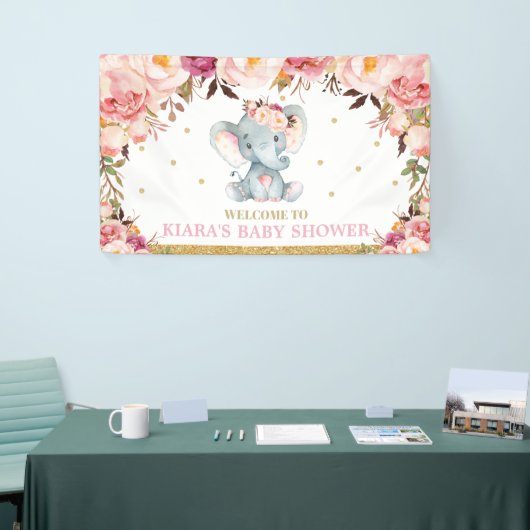 Blush Bloemen Olifant Baby shower Achtergrond Deco Spandoek (Beurs)